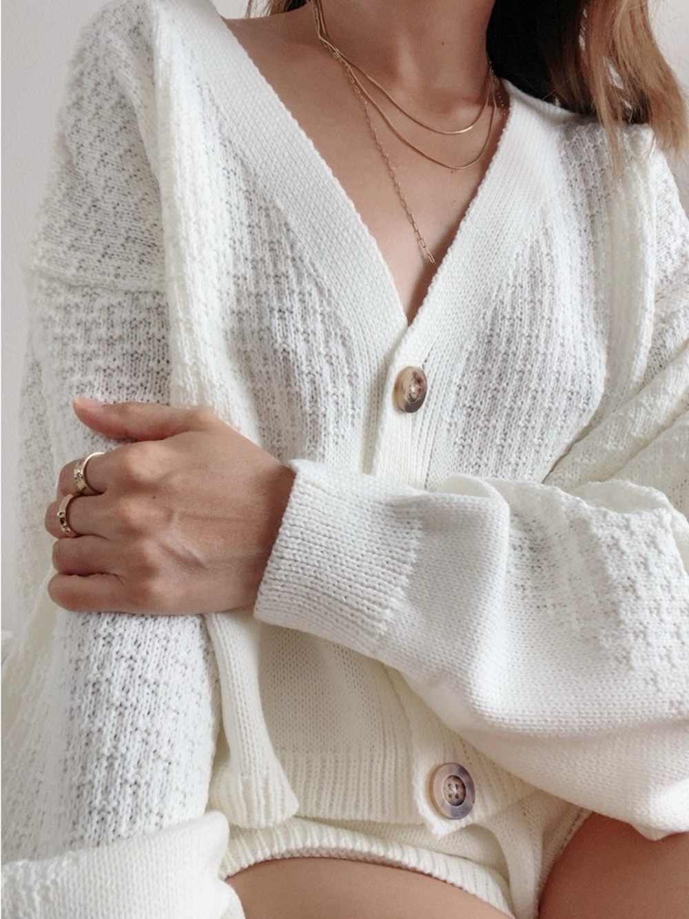 Nasty Gal White Knit Button-Front Cardigan and Shorts Set